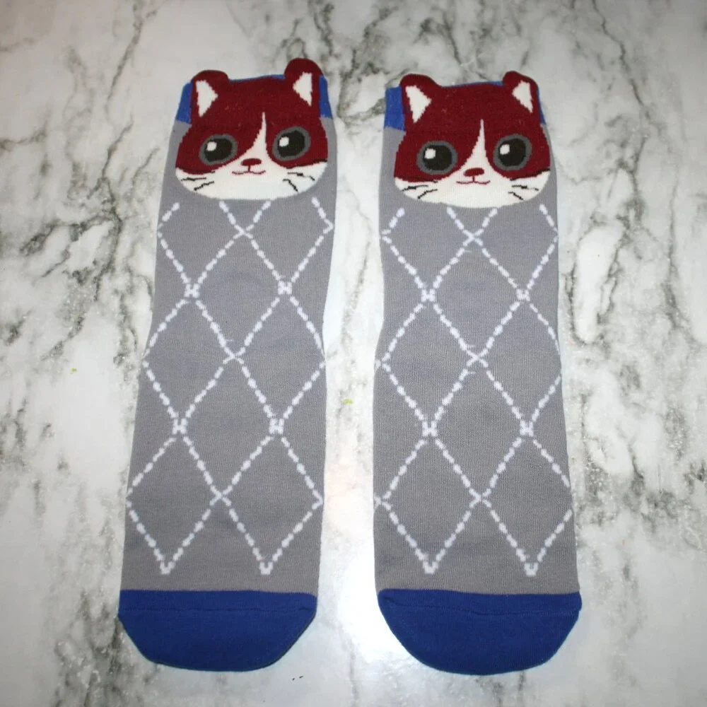 CAT LADY Socks Ankle Short Anklets Animal Print Plaid Blue Grey Geometric Print